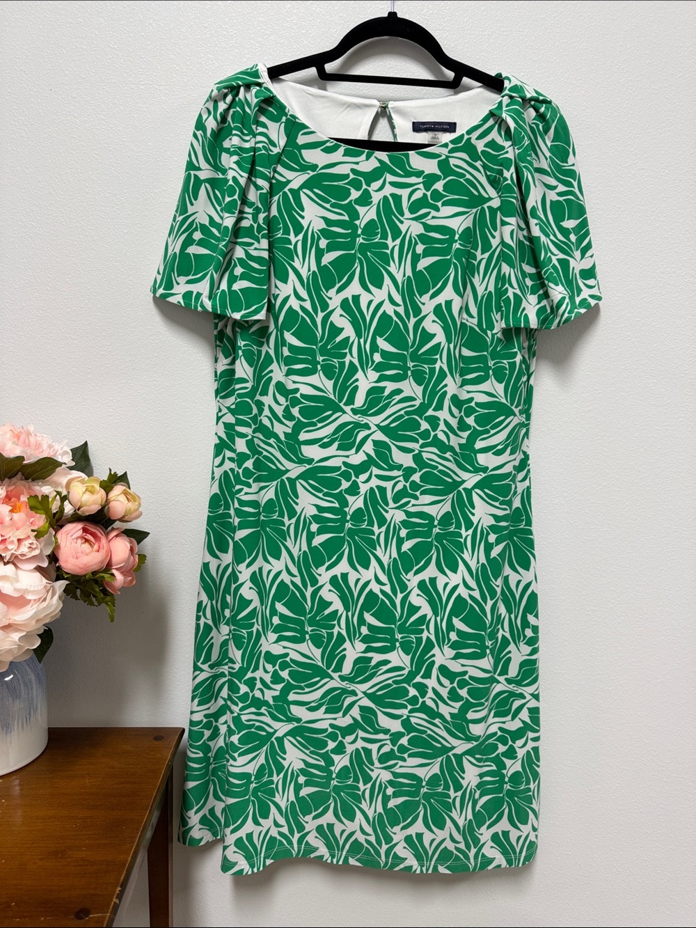 Tommy Hilfiger Green and White Leaf-Print Midi Dress